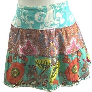 Rampage Boho Patchwork Mini Skirt Floral Paisley Tiered Ruffle Hem Size 6